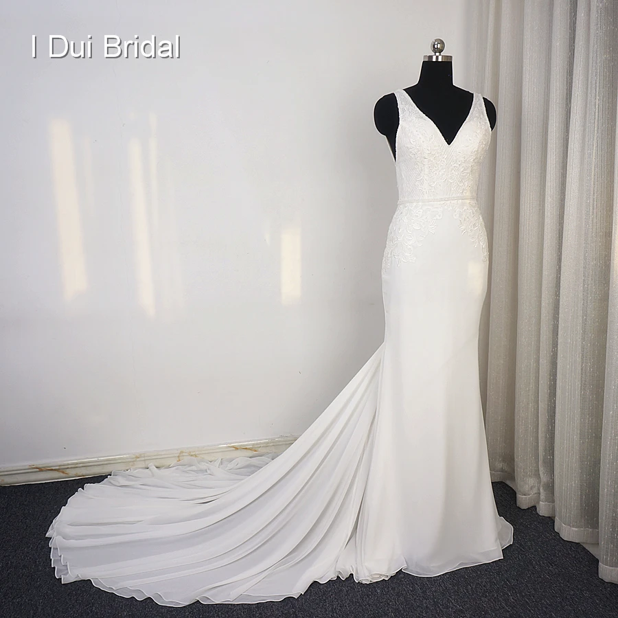 

Sheath Chiffon Wedding Dress Appliqued Beaded V Neck High Quality Bridal Gown Real Photo