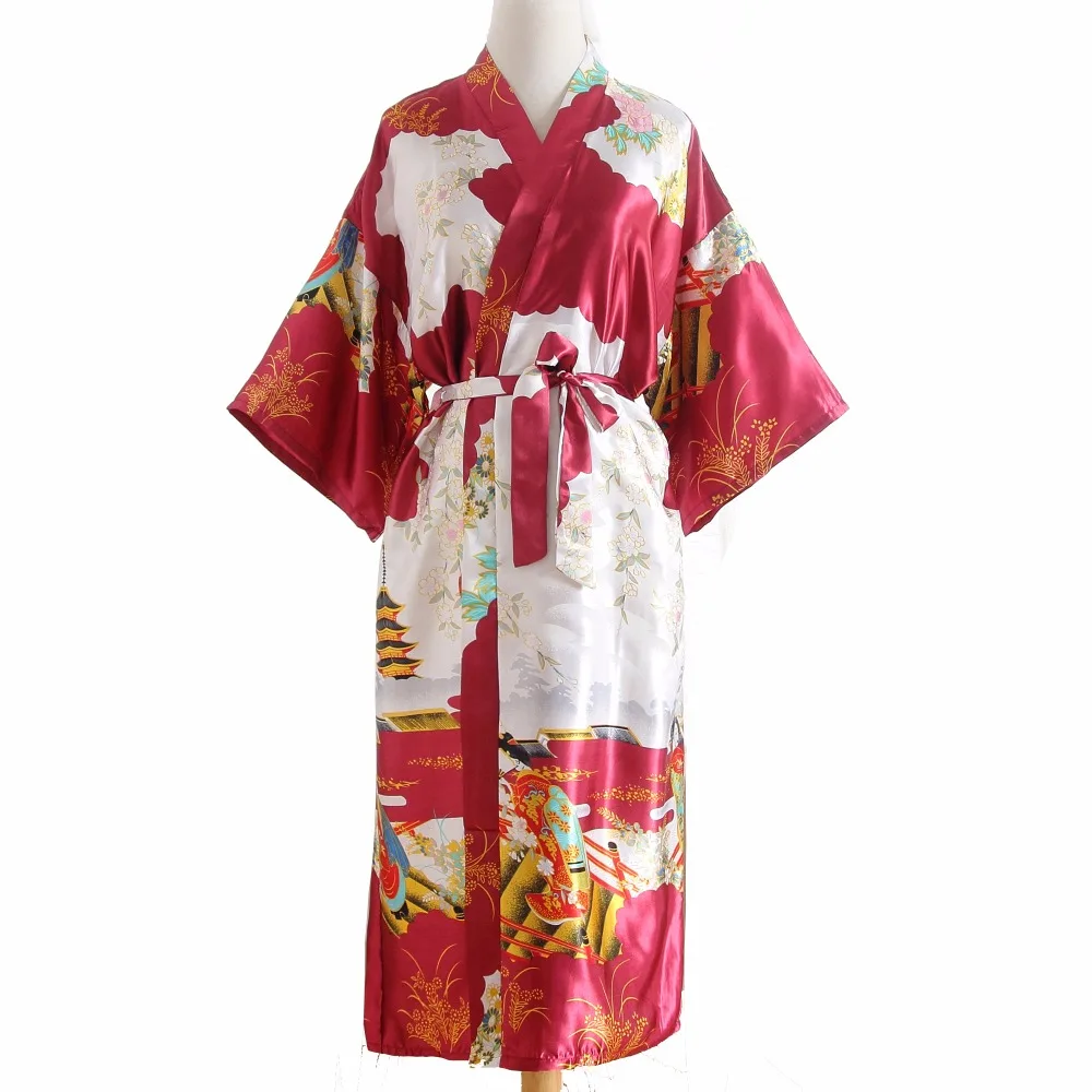 Novelty Printed Long Style Women Kimono Robe Vintage Printed Nightgown Bathrobe Satin Sleepwear Robe Bath Sleepwear Robes