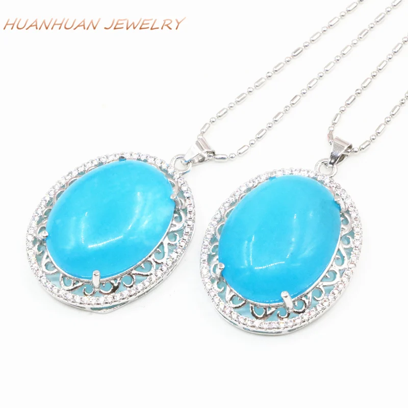 Trendy Necklaces & Pendants Women Zircon Inlay Blue Natural Stone Jades Chalcedony Choker Collar Pendant Jewelry 25x33mm B3313