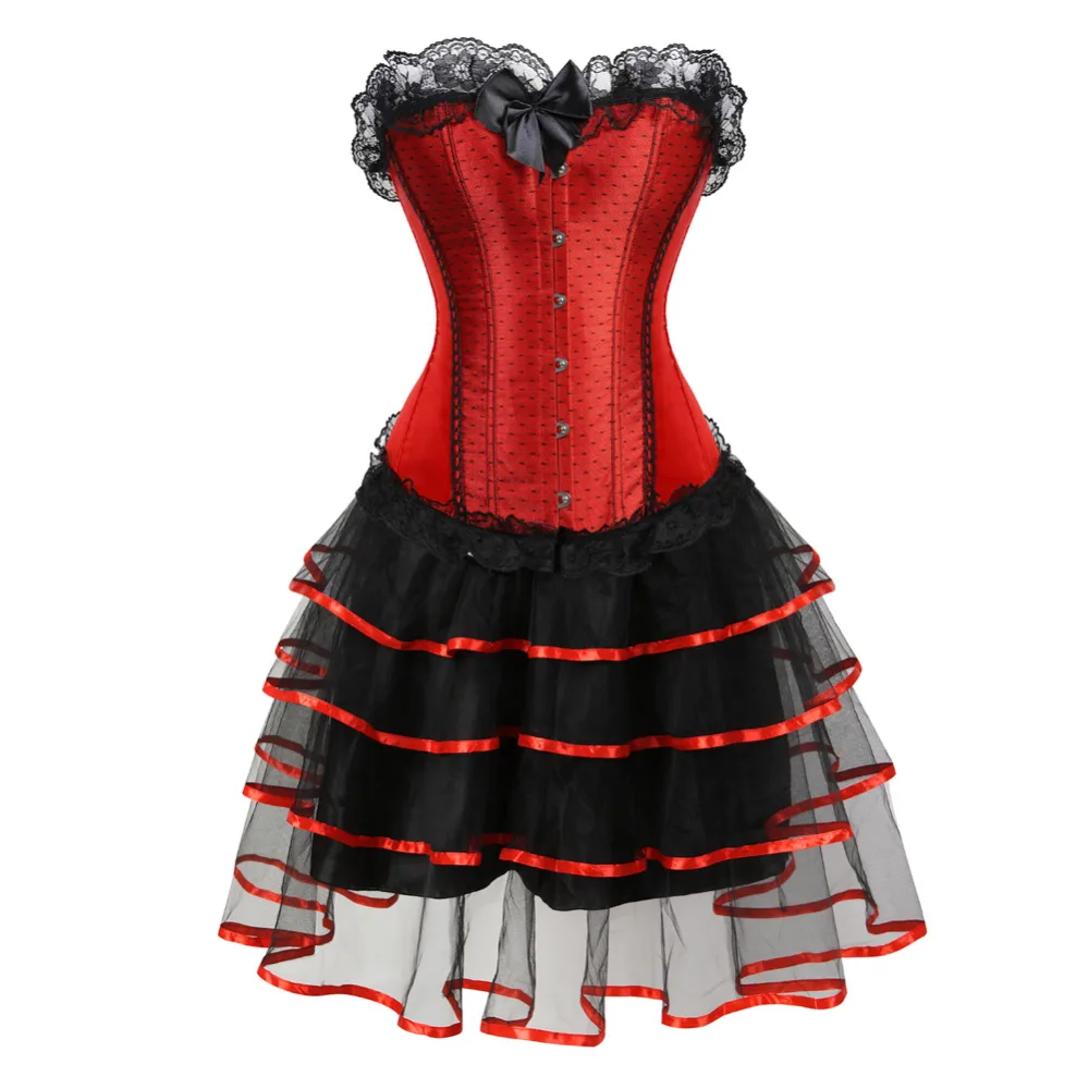 Overbust Corset Dress Lace up Boned Corset Mesh Skirt Red  Sexy Showgirl Dance Dress Gothic Corset Dresses for Women Plus Size