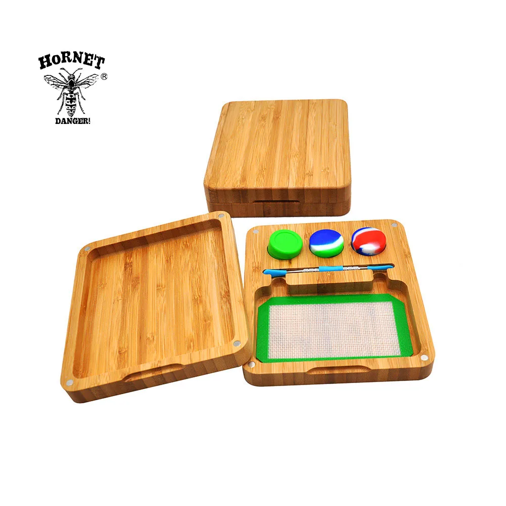 HORNET Bamboo Rosin Storage Set -3 Oil Wax Jar +1 Stainless Steel  Spoon +1 Silicone Baking Mat  +1 Bamboo Magnet Rolling Tray