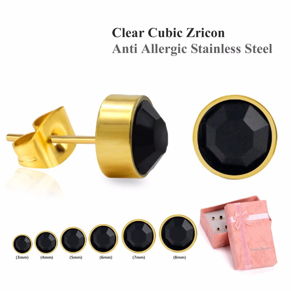 LUXUSTEEL Black Golden Color Round CZ Anti-allergy Earring Sets Women Accessories Stainless Steel Stud Earring Fashion Jewelry