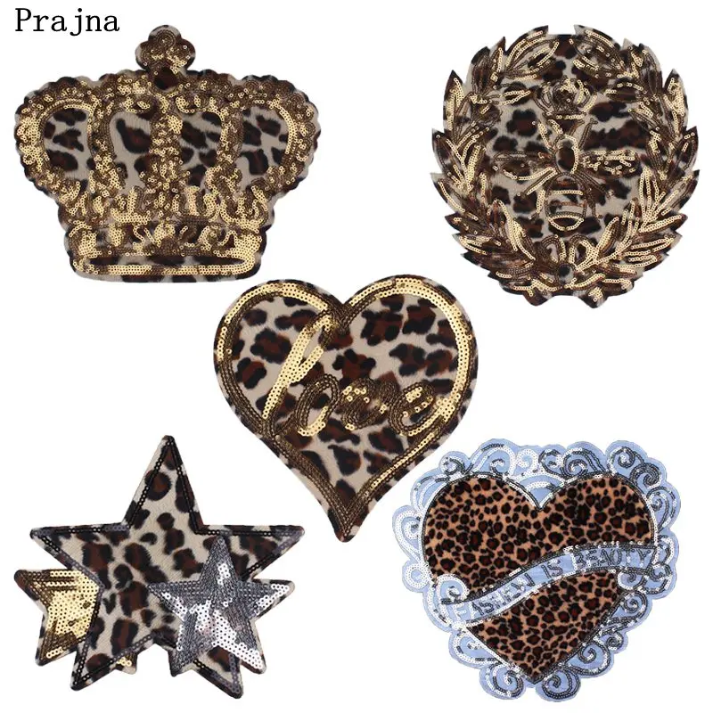 Prajna Fashion Leopard Stripes Sequined Patch Crown Heart Girl Dress Wonderful Beauty Sew On Stickers Shiny Sequin Applique Jean