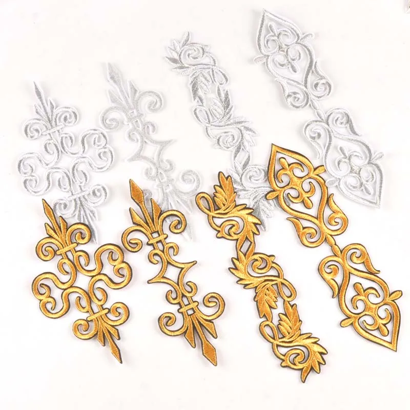 2PCs silver/golden Lace flower Patch Iron On Embroidery Hotfix Applique Motifs Sew On Sewing Clothes Garment Stickers CP2319