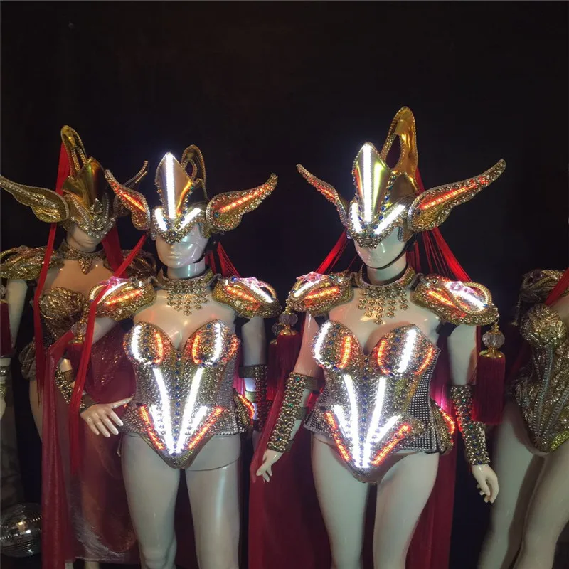 

KS9 Party led costumes lighted armor bodysuit women sexy dress glowing headpiece catwalk stage show outfits robot suit disco led