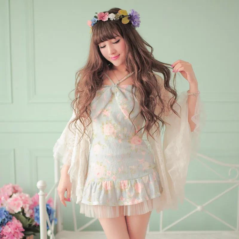 

Princess sweet lolita dress Candy rain Spring sun-top hanging neck Big bow lace floral Condole belt dress(no cardigan) C16AB6027