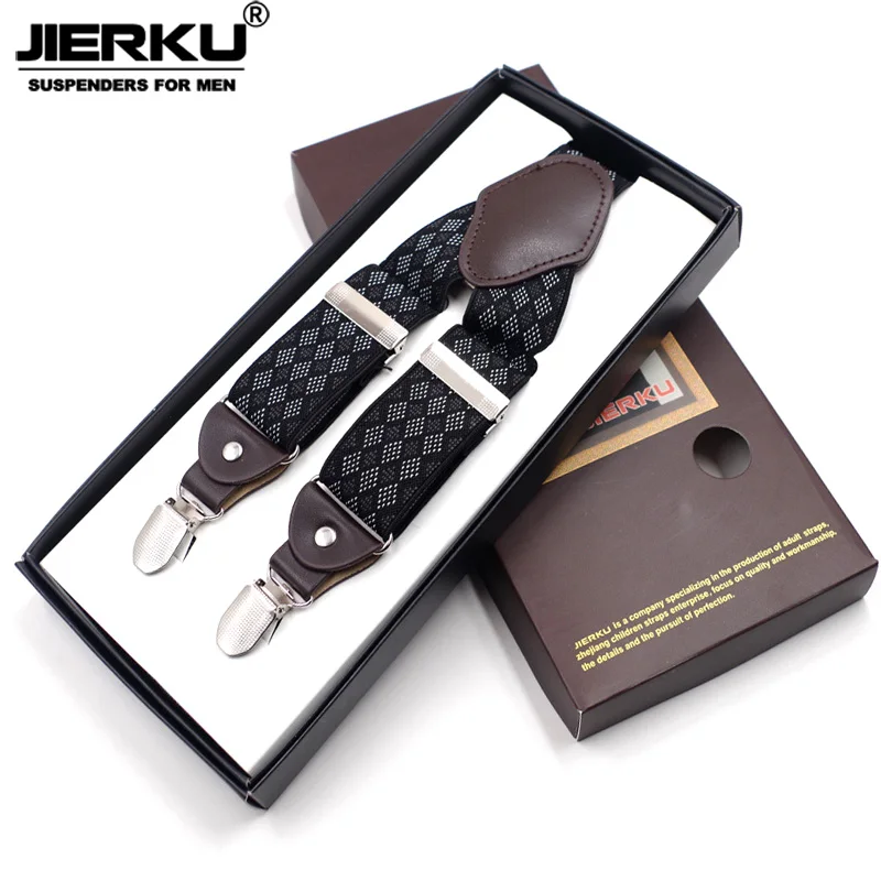 Jierkuサスペンダー男のブレースは革4クリップsuspensorioファッションズボンストラップ父/夫のギフトtirantes hombre JK4C08