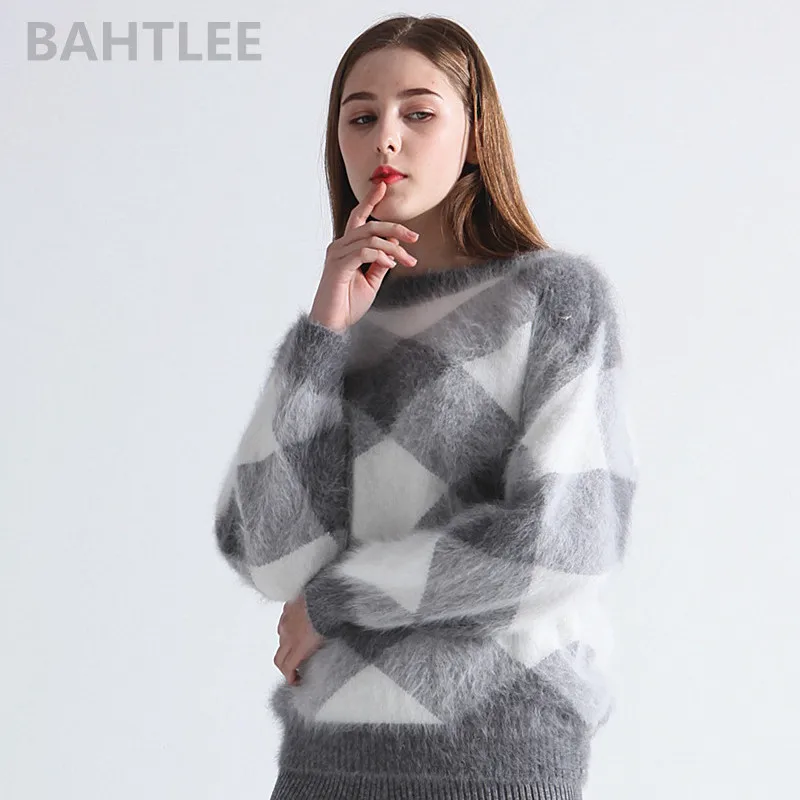 BAHTLEE-Women\'s Angora Rabbit Knitted Lantern Sleeves Pullovers, Sweater, Colorblock Diamond, Geometry Loose Style, Winter