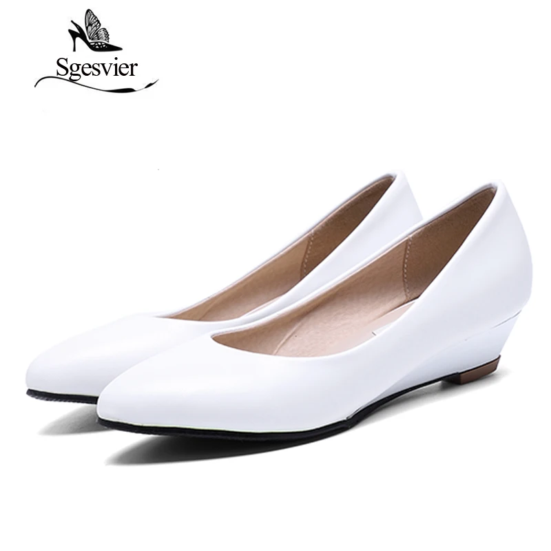 SGESVIER Women Pumps Pointed Head Low Heels Wedge Shoes Woman Shallow Slip On Shoes White Black Pumps 32-48 Lady Shoes OX094