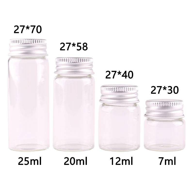 Wholesale 7ml 12ml 20ml 25ml Transparent Glass Spice Bottles Jars Vials Terrarium with Silver Screw Cap Lid Wedding Crafts 50pcs