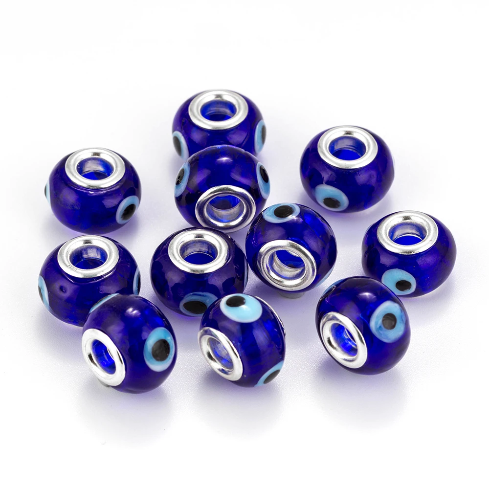 MEIBEADS 10pcs/lot Blue Glass Beads Round With Evil eye Lampwork Czech Big Hole Bead Charm Fit For Beads Charms Bracelets