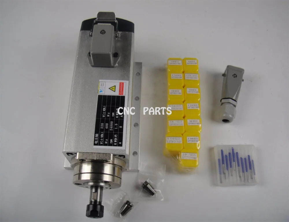 Husillo de fresado CNC ER11, refrigeración por aire, 1,5 kW, con 4 rodamientos + 13 pinzas ER11 + brocas de grabado cnc