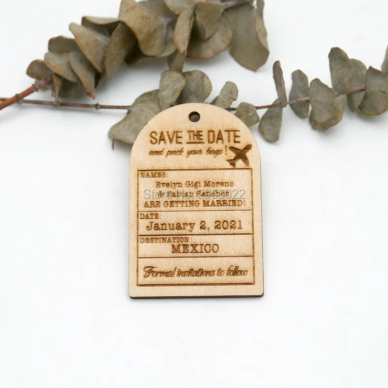 

Personalized Wedding Luggage ticket Save the Date Magnets,Custom wood rustic Destination save the date,party favors gifts