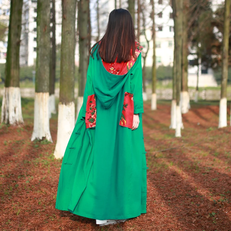 LZJN-Women's Chinese Style Trench Coat with Big Pockets, Ethnic Overcoat, Cotton and Linen Robe, Spring and Autumn Coats