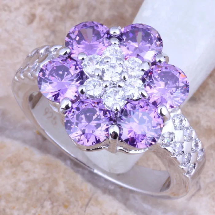 Flower Purple Cubic Zirconia White CZ Silver Plated  Women\'s Ring Size 6 / 7 / 8 / 9 R1403