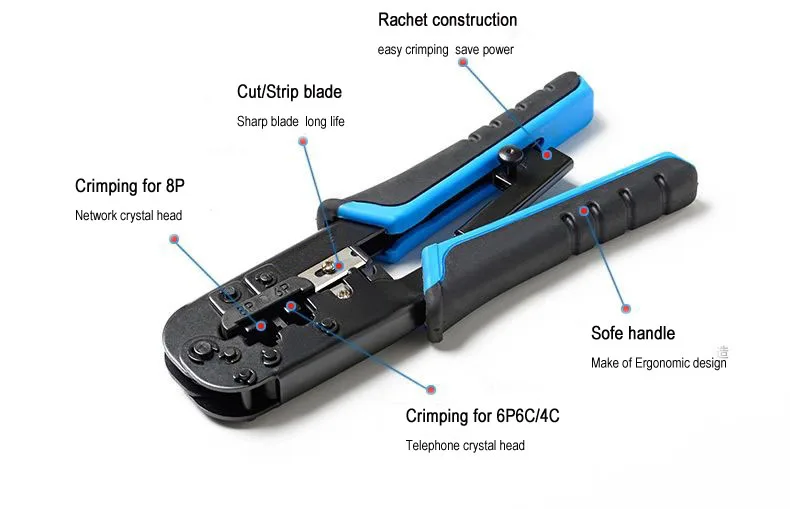 

TL-N568R экономия труда, храповой механизм, сетевой инструмент для резки, снятия изоляции, 8P8C/RJ-45,6P6C/RJ-12,6P4C/RJ-11 для сетевого кабеля