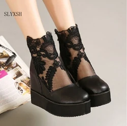 Fashion Sweet Lace Roman Shoes Women Wedge Heels White Black Platform Pumps High Heels Sandals