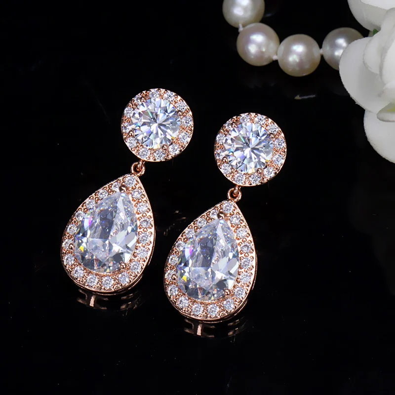 CWWZircons Classic Stunning Cubic Zirconia Stone Women Party Jewelry Rose Gold Color Big Pear Drop Earrings Gift  CZ180