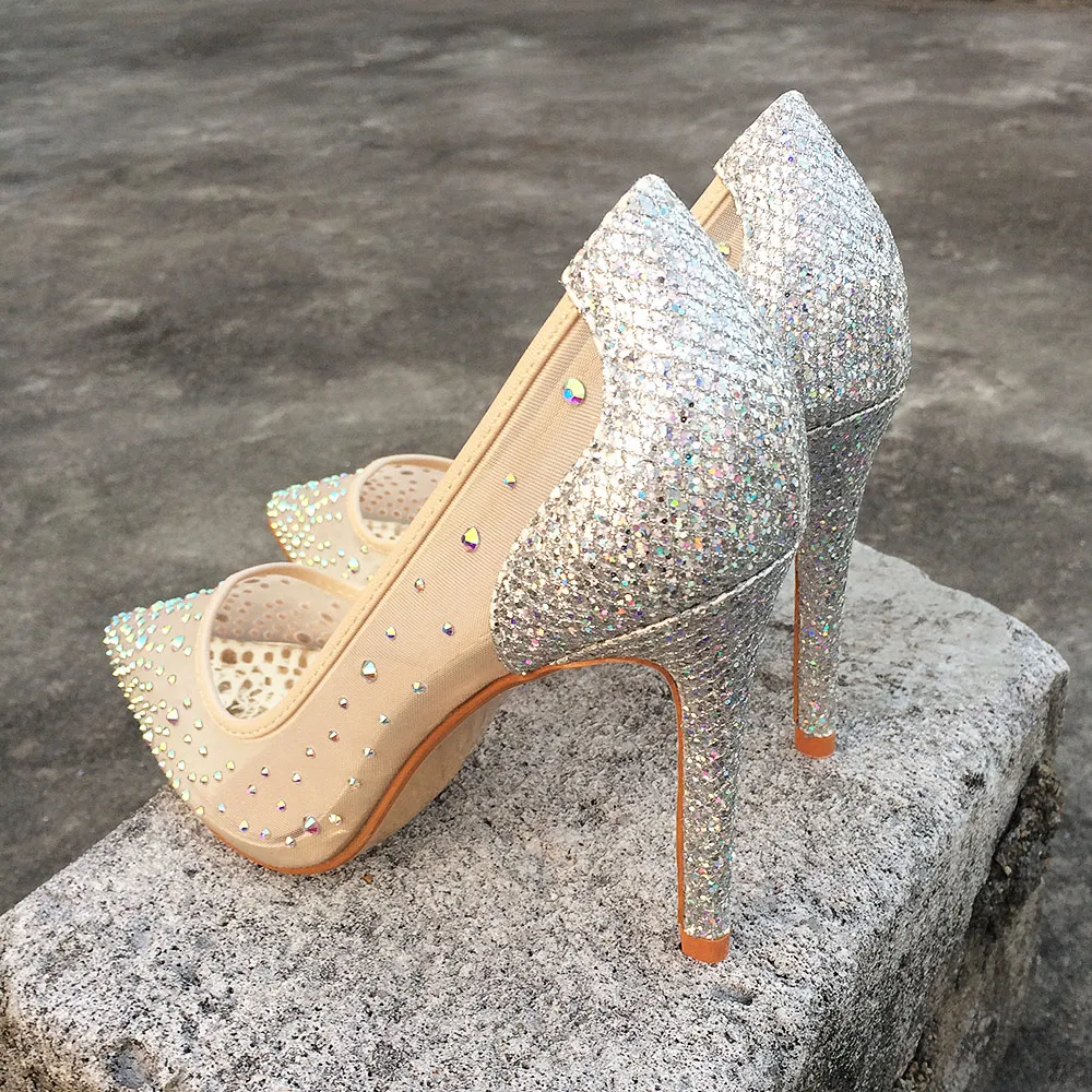Veowalk Summer Bling Silver See-through Women Stiletto High Heels Sexy Ladies Shiny Pointed Toe Pumps Fashion Wedding Shoes