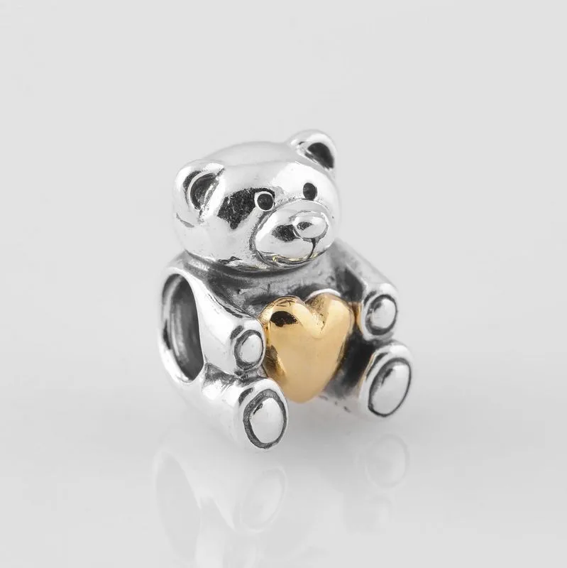 

Original 925 Sterling Silver Screw Hole Charm DIY Bead, Teddy Bear with Golden Heart Suitable for Pandora Bracelet snake Chain