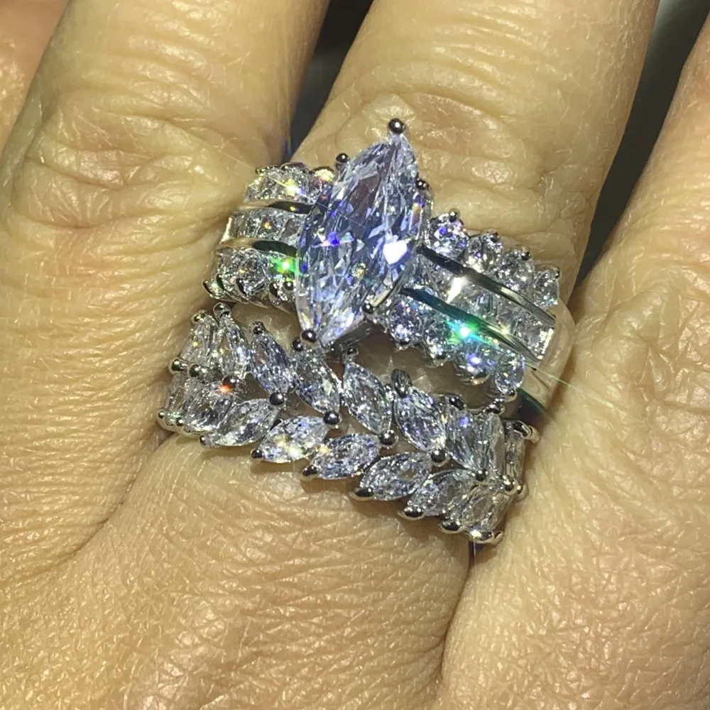 90% Off Super Deal Stunning Luxury Jewelry 925 Sterling Silver Marquise 5A CZ Zirconia Drop Shipping Wedding Bridal Ring Set