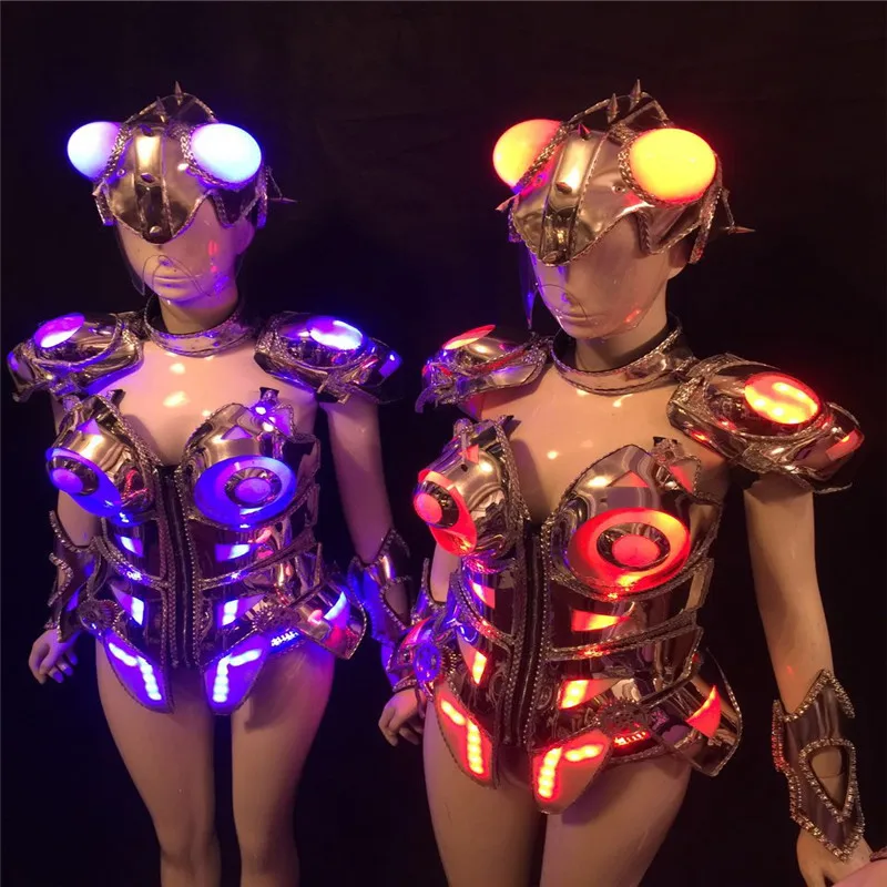 AS99 Ballroom robot costumes women led light dress with helmet colorful led costumes bar singer stage cosplay wears clothes bra