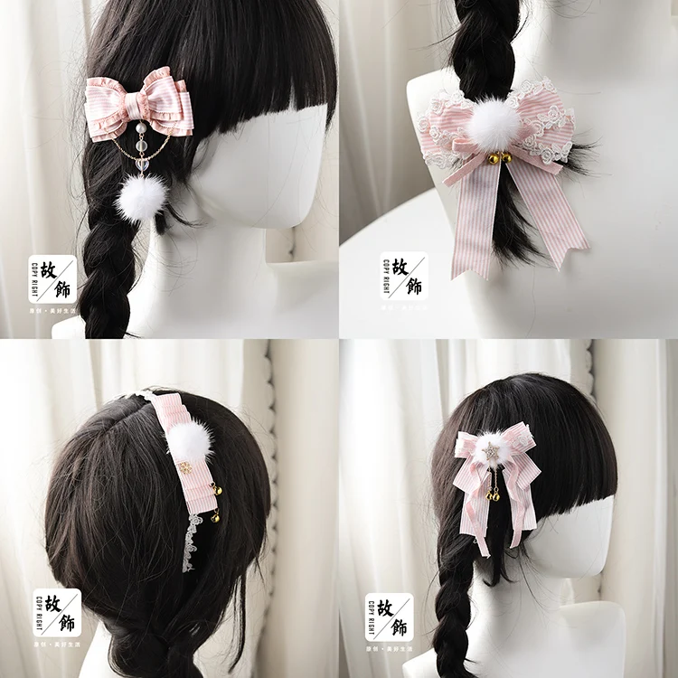 

Princess sweet lolita Hairpin Originally hand-made bell star striped pink hair ball Japanese hairpin bow fashion women GSH219