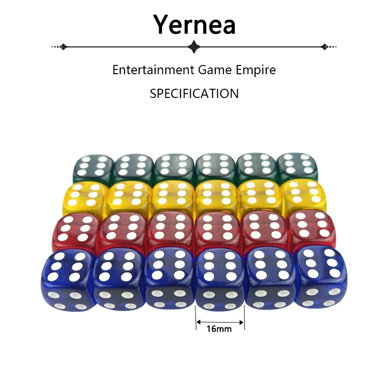 Yernea Acrylic Dice 24Pcs Transparent Color 16mm White Point Dice Set Round Corner Four Color Hexahedron Table Games D6 Club