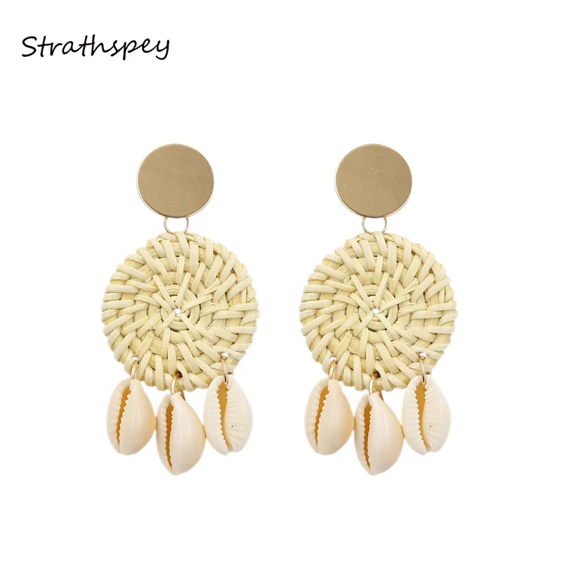 STRATHSPEY Natural Shell Rattan Earrings For Women Bohemia Conch shell Drop Earring Cowrie Shell Long Earing Beach Jewelry