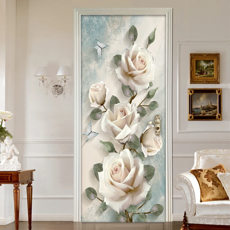 

Creative 3D Flowers Door Sticker Home Decor Wall Decals DIY Self Adhesive Door Wallpaper PVC Waterproof Mural Bedroom Decoration