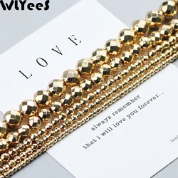 WLYeeS Faceted Round Hematite beads 14k Gold plated natural stone 2 4 6 8 10mm charm Loose Beads for Jewelry Bracelet Making DIY