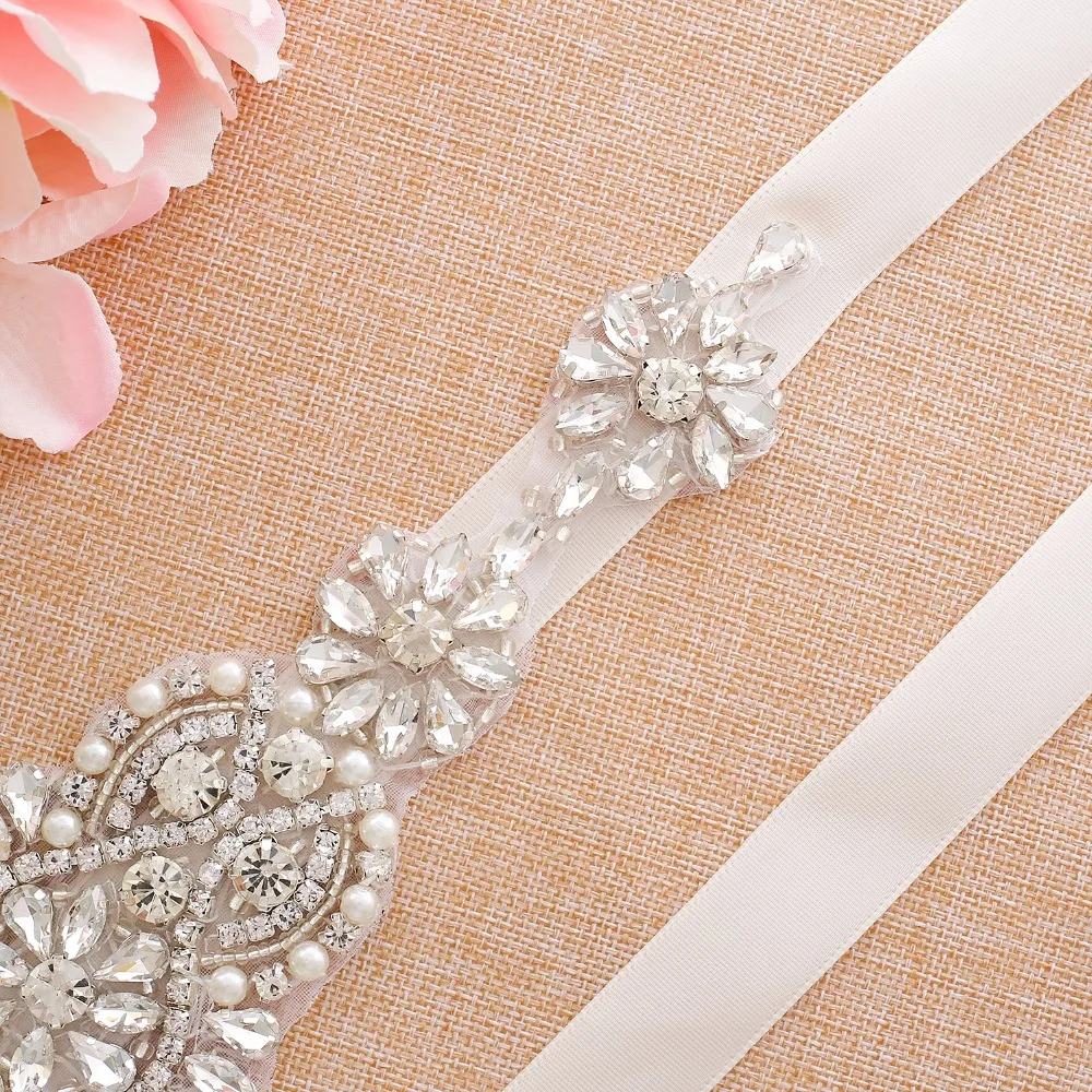 SESTHFAR Silver Crystal Wedding Belt With Pearls Luxurious Rhinestones Ribbons Bridal Belt Sash For Wedding Party Gown