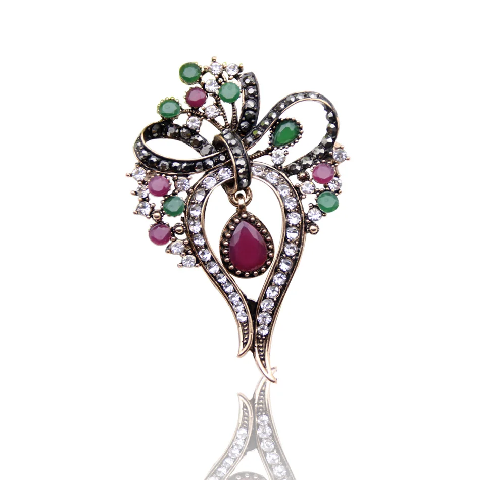 Vintage Women Bow Brooch Turkish Dress Brooch Crystal Antique Gold Color Indian Resin Pins Bohemia Bride Jewelry Sunspicems image 6