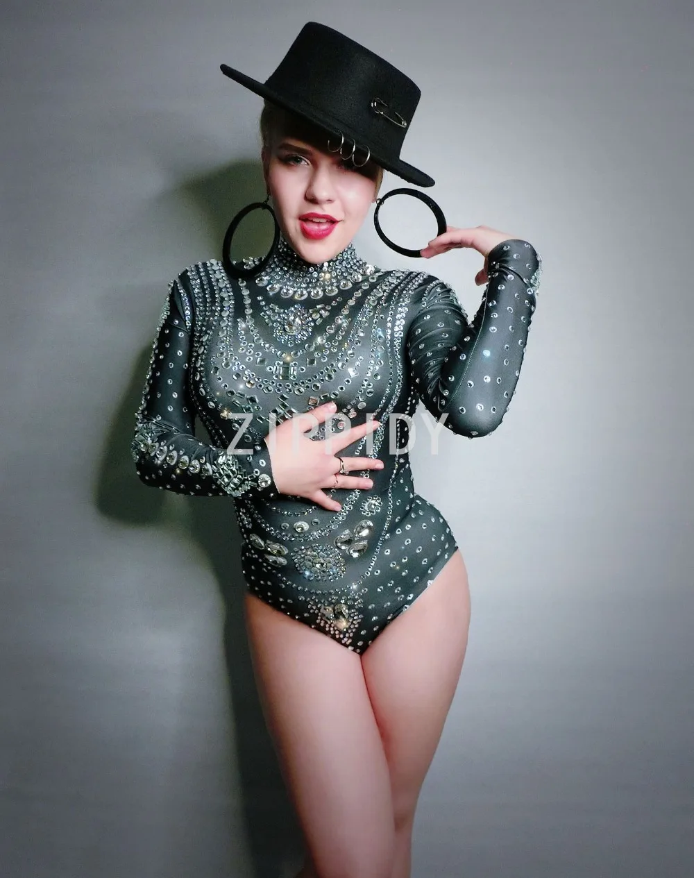 

2019 New Black Silver Rhinestones Long Sleeves Bodysuit Women Singer Outfit Stage Wear Celebrate Bar Nightclub Outfit