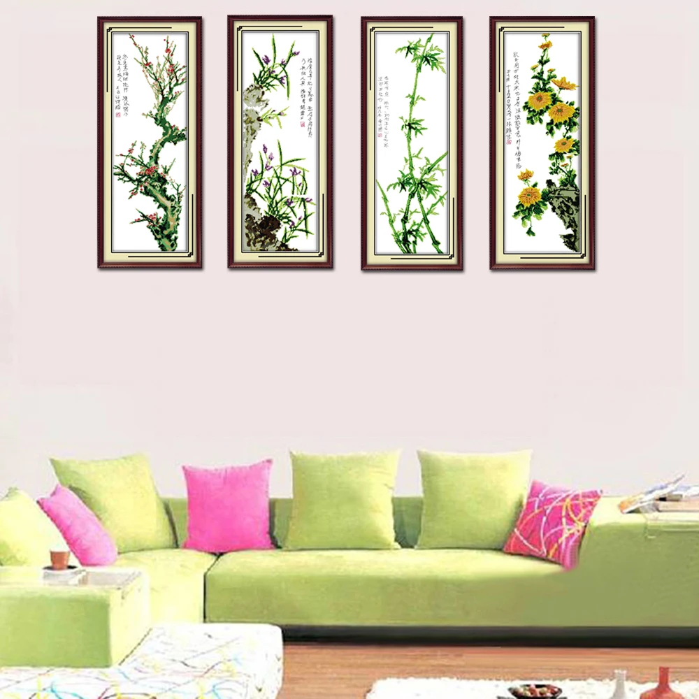 Joy Sunday-Four Gentlemen Plum Orchid, Bamboo Chrysanthemum, Home Decoration, H139 (1) (2) (3) (4) Chinese Cross Stitch Kit