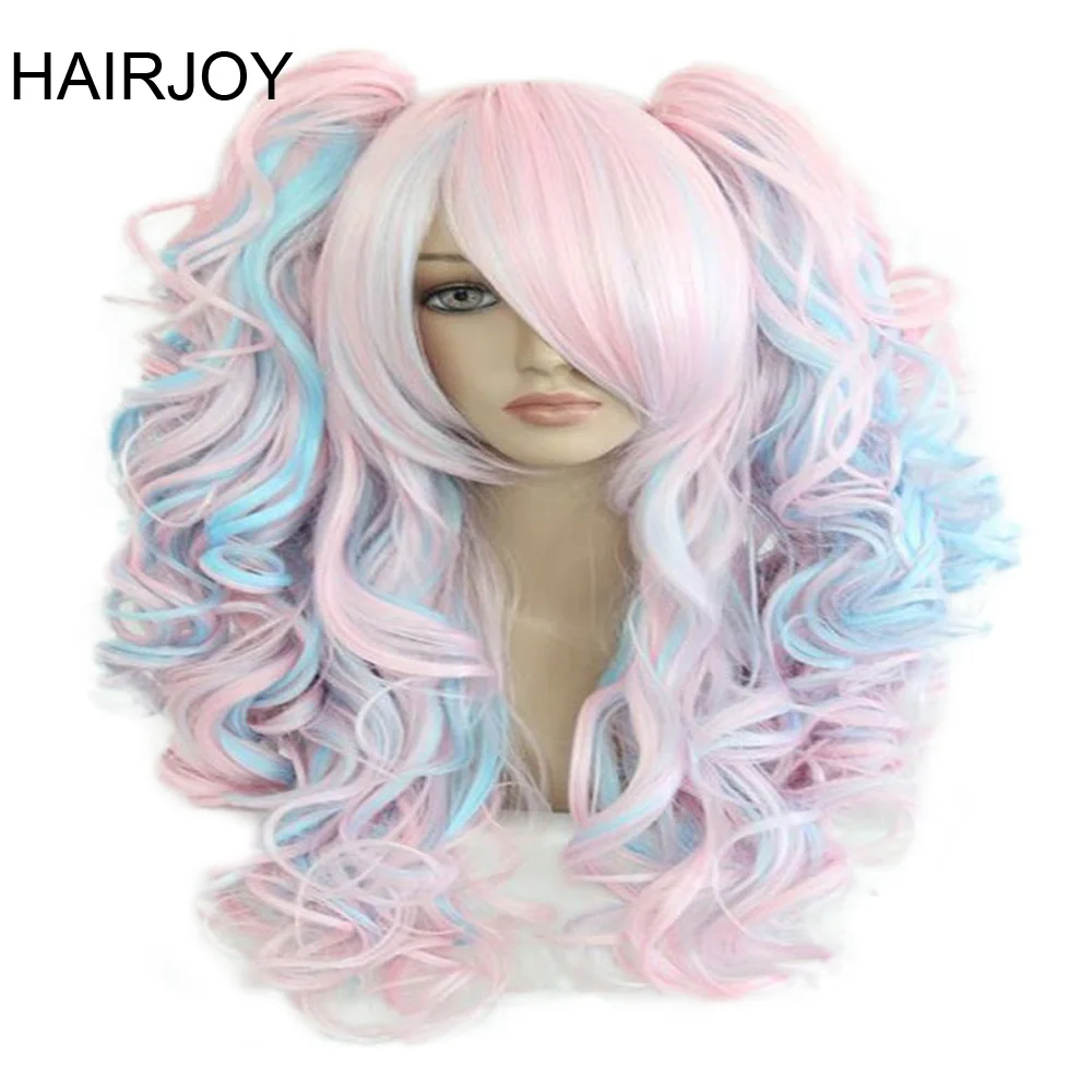 HAIRJOY kadınlar 70cm uzun mavi karışık pembe dalgalı örgülü 2 tails tails sentetik parti Cosplay peruk 30 renkler mevcut