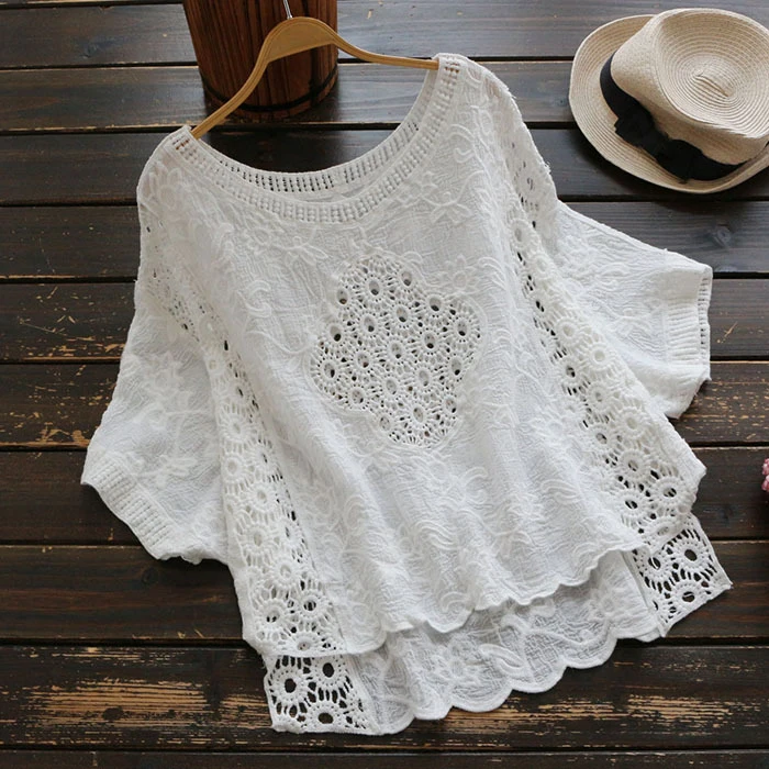 Female 2018 crop top boho summer white blouse women hollow out blusas Cotton Crochet shirt oversize Batwing sleeve tops camisas