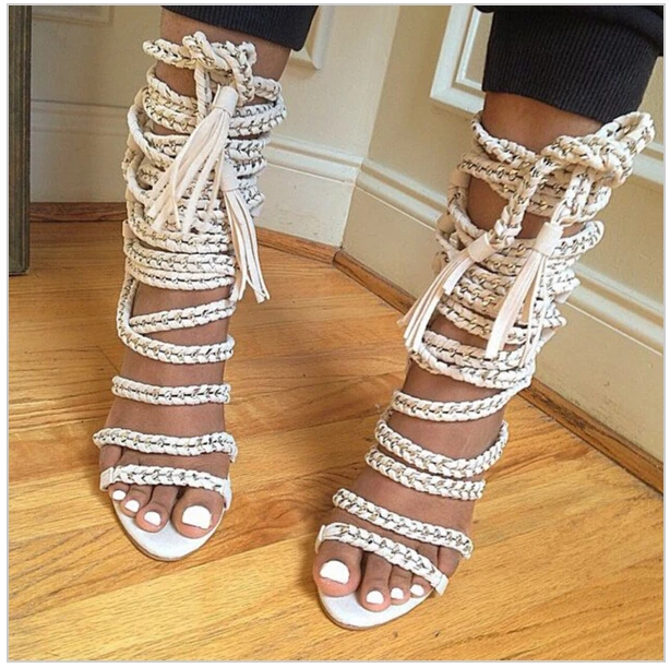 Big Size Summer Chain Rope Strappy High Heels Sandals Women Cut Outs Gladiator Sandal Boots Open Toe Shoes Woman Leather Sandles