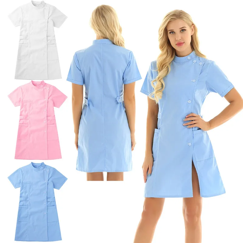 

Womens Dress Beauty Salon Nursing Mandarin Collar Slanting Button Front Coat Female Dress Uniform Nursing Work Uniform