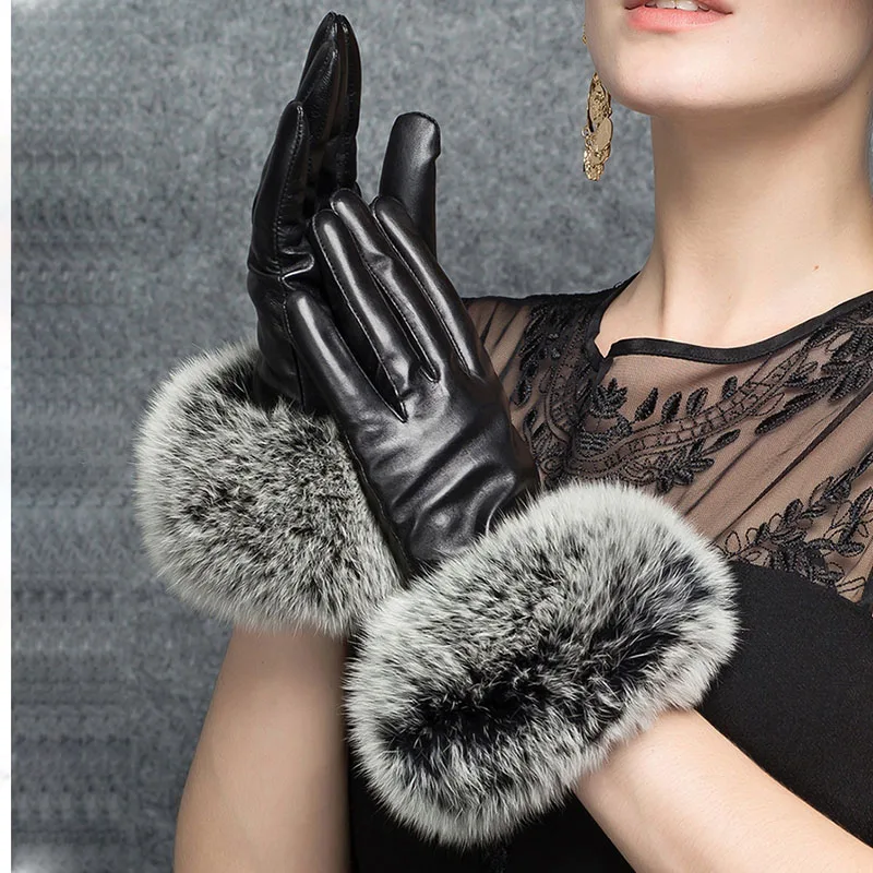 Luxury Leather Gloves With Real Fox Fur Womens Fashion 2022 Winter Red Hand Warm Black Glove Women Driving Matural Fur Gloves