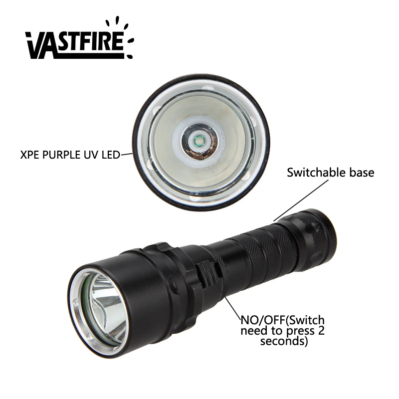 Imagem -05 - Xpe uv 365nm395nm Diver Light Underwater 100m Led Scuba Diving Lanterna 10w 365-395nm Lanterna Mais 18650 Bateria Mais Carregador de Bateria