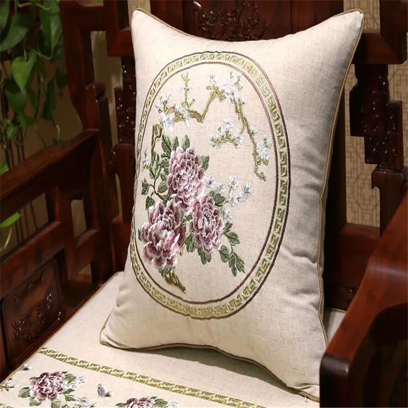 Free Shipping Cotton Linen Peony Throw Pillow Inner 50x50cm New Gift Embroidery Cushion Chair Sofa Car Mat Decora Waist Bloster