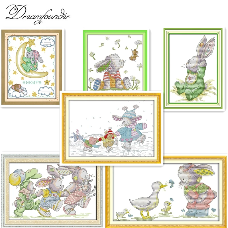 

Милые кролики (3) наборы для вышивки крестом, мультяшные 14ct 11ct, узоры для вышивания, набор для шитья, сделай сам, декор для рукоделия ручной работы