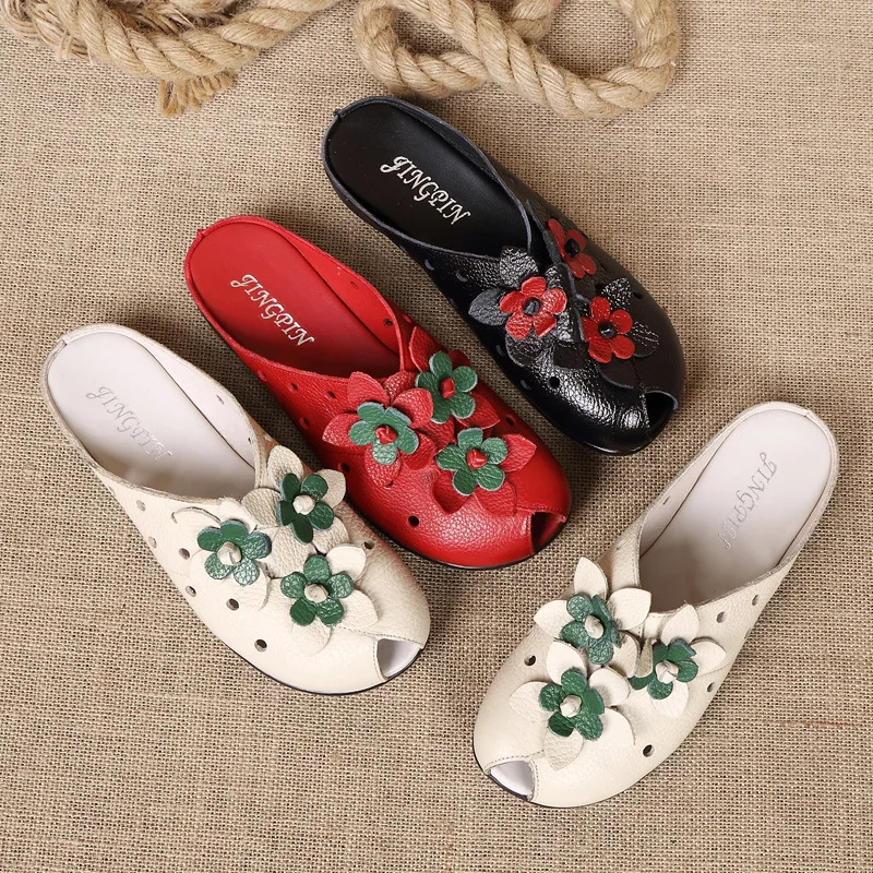 GKTINOO Genuine Leather Flat Shoes Women Sandals Slippers Closed Toe Summer Women Shoes Cut-Out Handmade Flower Slides