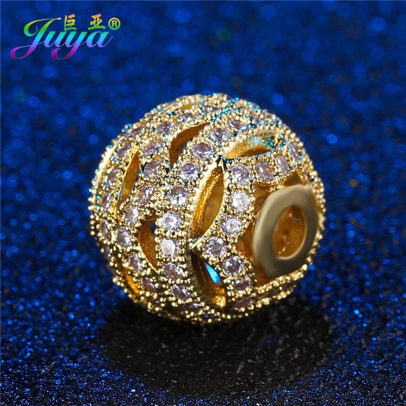 Juya DIY 12mm Charm Beads Supplies Micro Pave Zircon Hollow Metal Ball Beads Accessories For Natural Stones Beads Jewelry Making