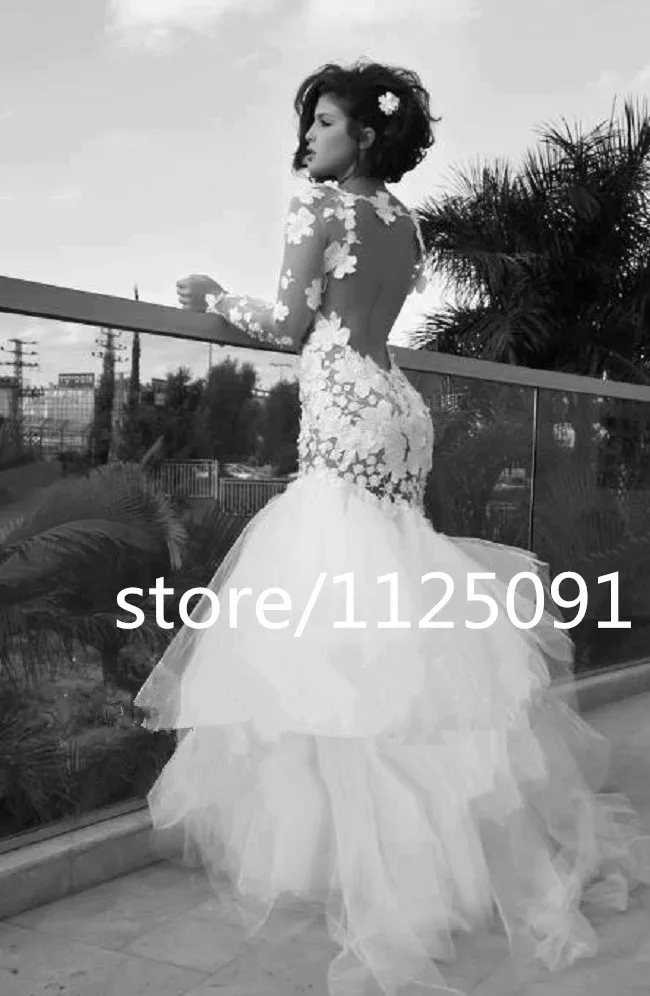 HOT KOOP Vintage Kant Applicaties Backless Tulle Lange Mouwen Mermaid Wedding Gown Custom Made