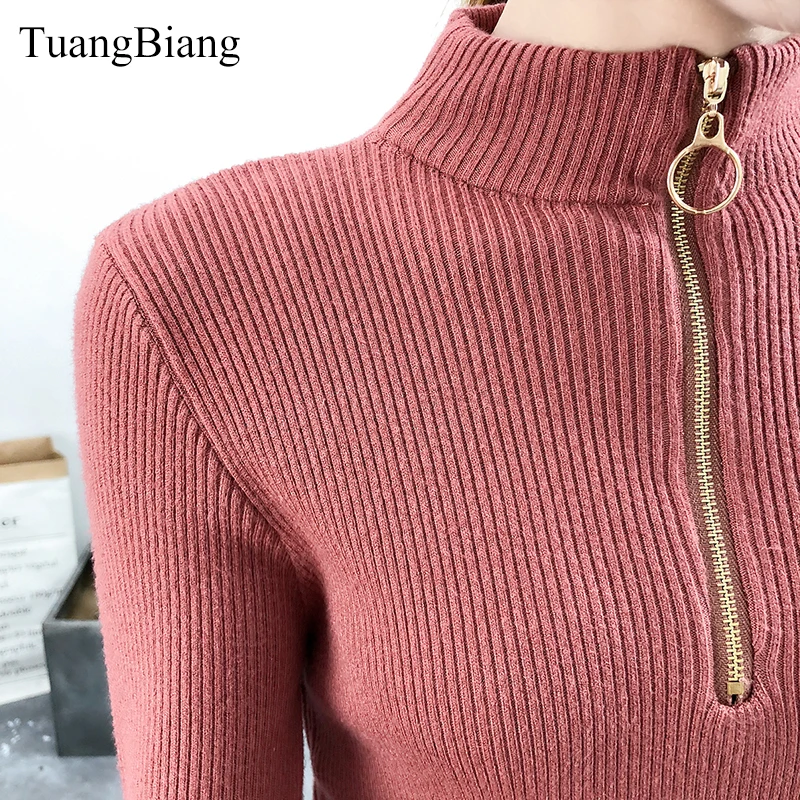 Women Zipper Turtleneck Thick Full Sleeve Autumn Sweater 2023 Spring Warm Knitted Pullovers Sweaters Solid Casual Ladies Jumper