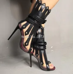 Real Photos Cut-outs Patchwork Woman Sandals Fashion Leather Thin High Heels Lady Sandals Boots Unique Design Female Party Shoes