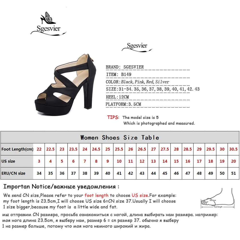 SGESVIER Women Sandal Square High Heel Platform Women Shoes Red Zipper Peep Toe PU Leather Ladies Wedding Shoes Size 31-43 B149