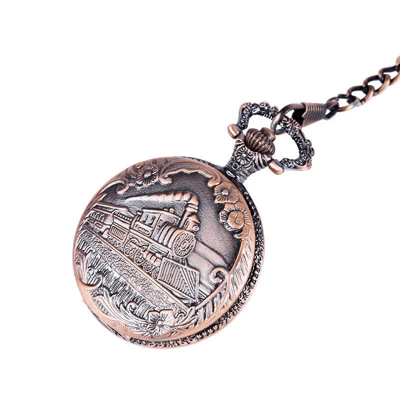 1054   Ancient redRunning Steam Train Pocket Watch Chain Metal Dress Casual Men Women Fob Watch Antique Fashion